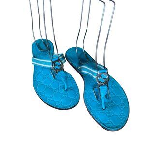 Gucci Double G Green Blue Aqua Logo Cloth Thong Flip Flop Sandal Size 38 US8